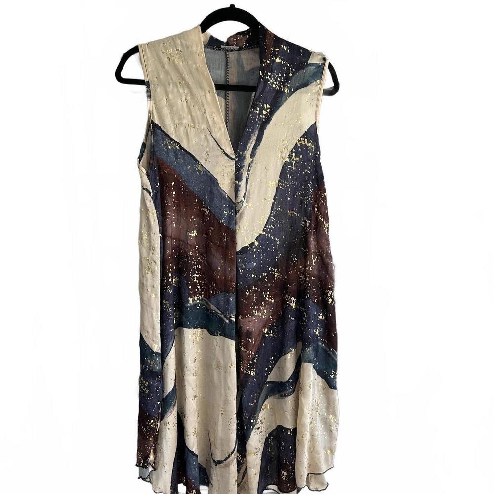 New Feeling Sleeveless Dress Abstract pattern Gold metallic accents - M